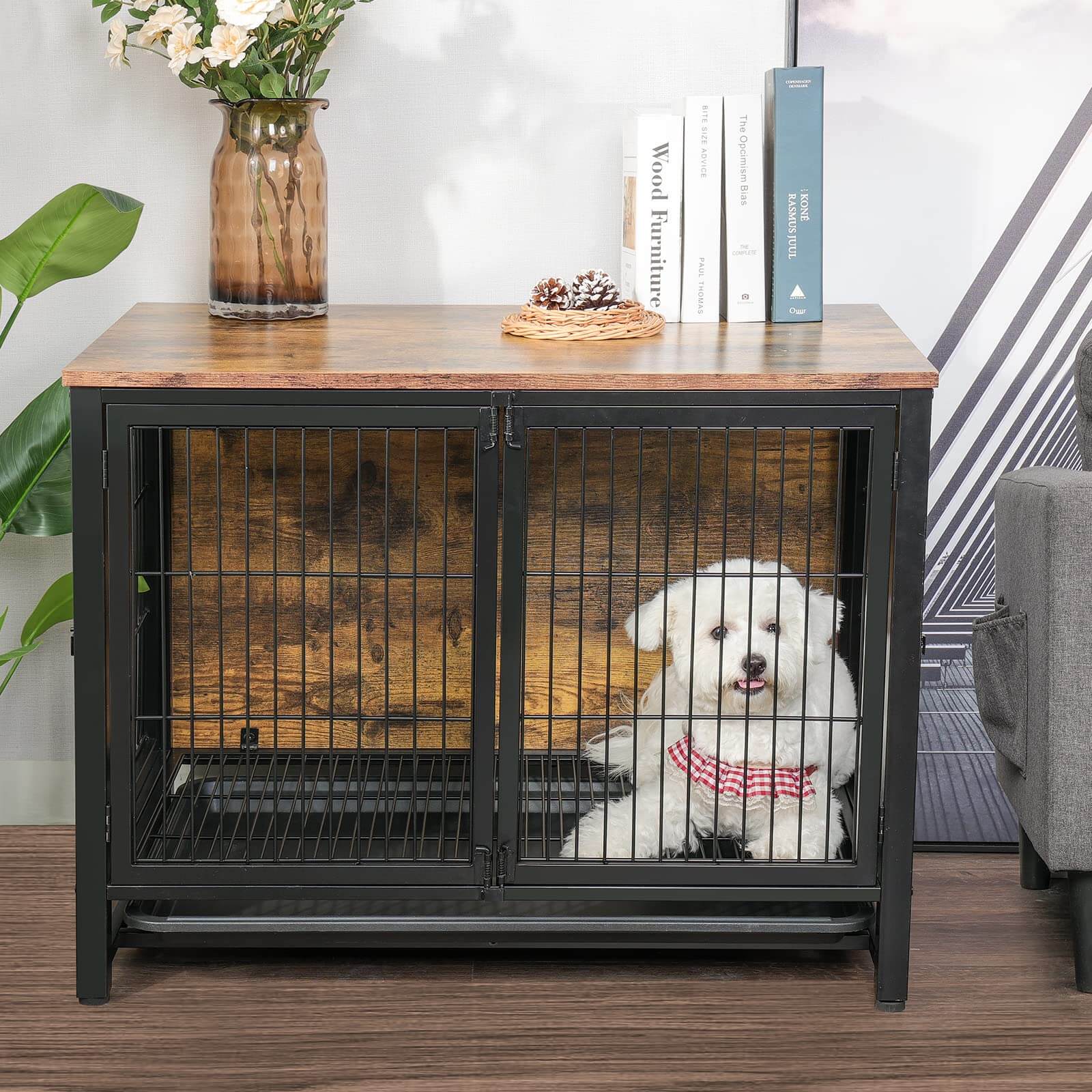 Wooden Dog Crate with Tray Heavy Duty Dog Kennel with Double Doors PA002