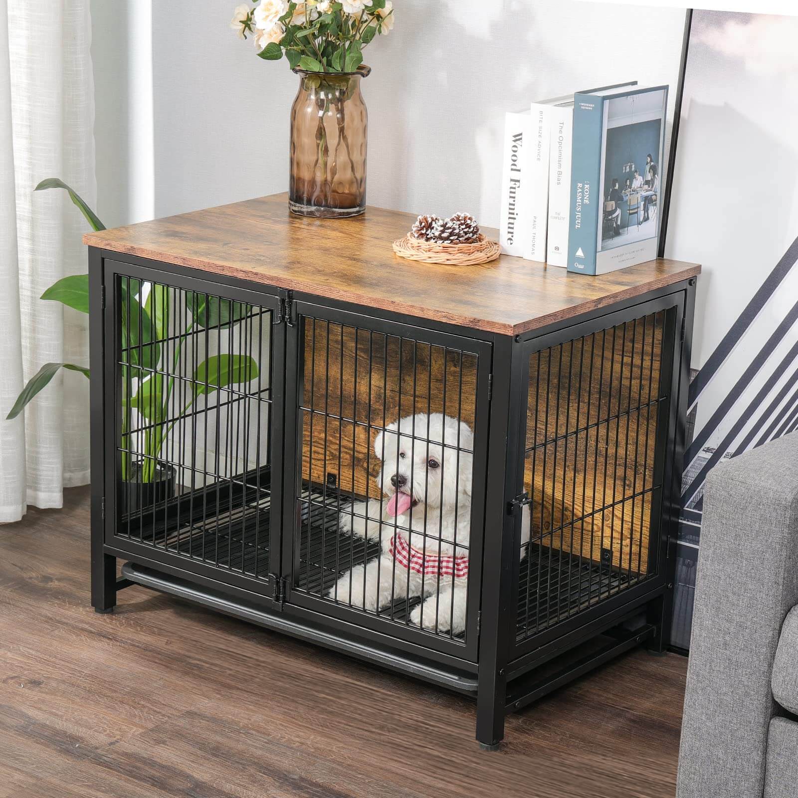 Wooden Dog Crate with Tray Heavy Duty Dog Kennel with Double Doors PA002